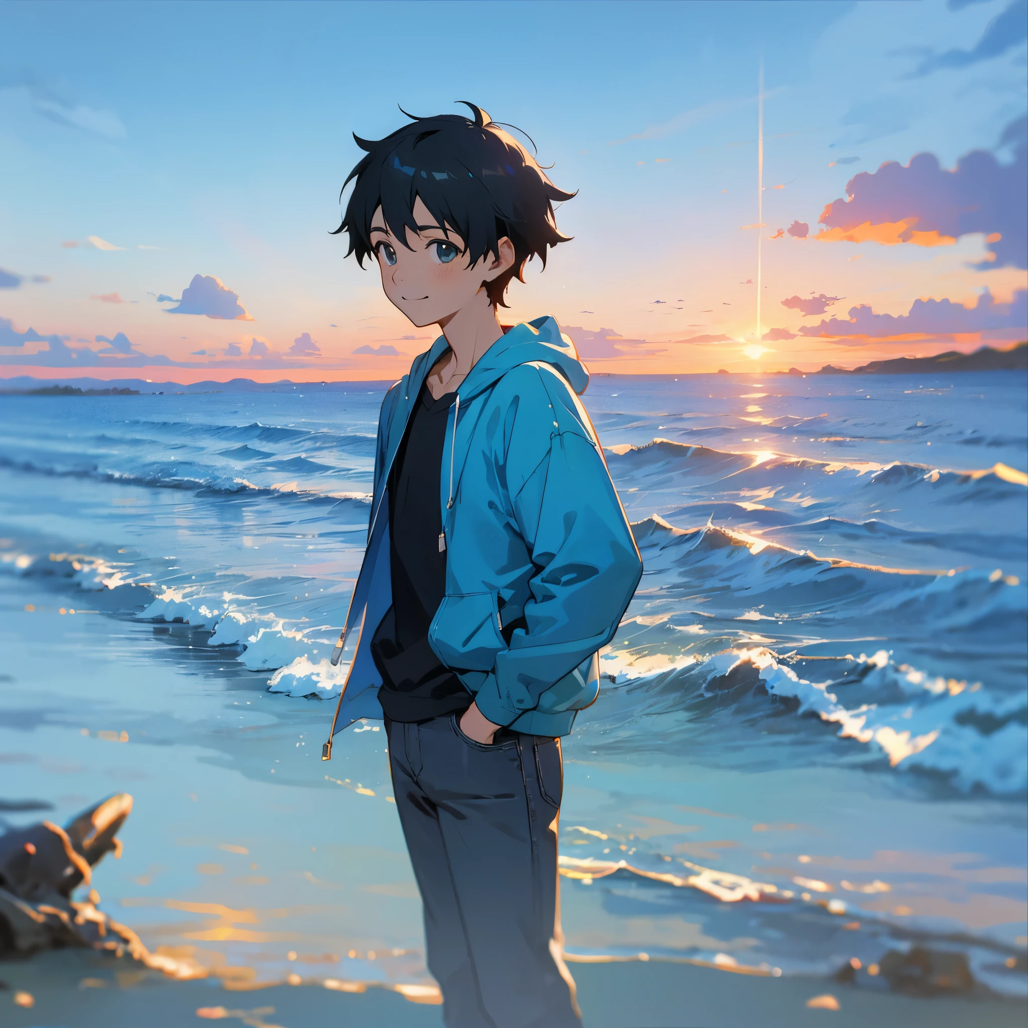 anime - along the sea, a boy, the boy wearing a blue hoodie and black jeans, facing the camera, smiling, makoto shinkai style, pale blue sky, pale blue sea, ultra high quality, ultra detailed, detailed face, sunset