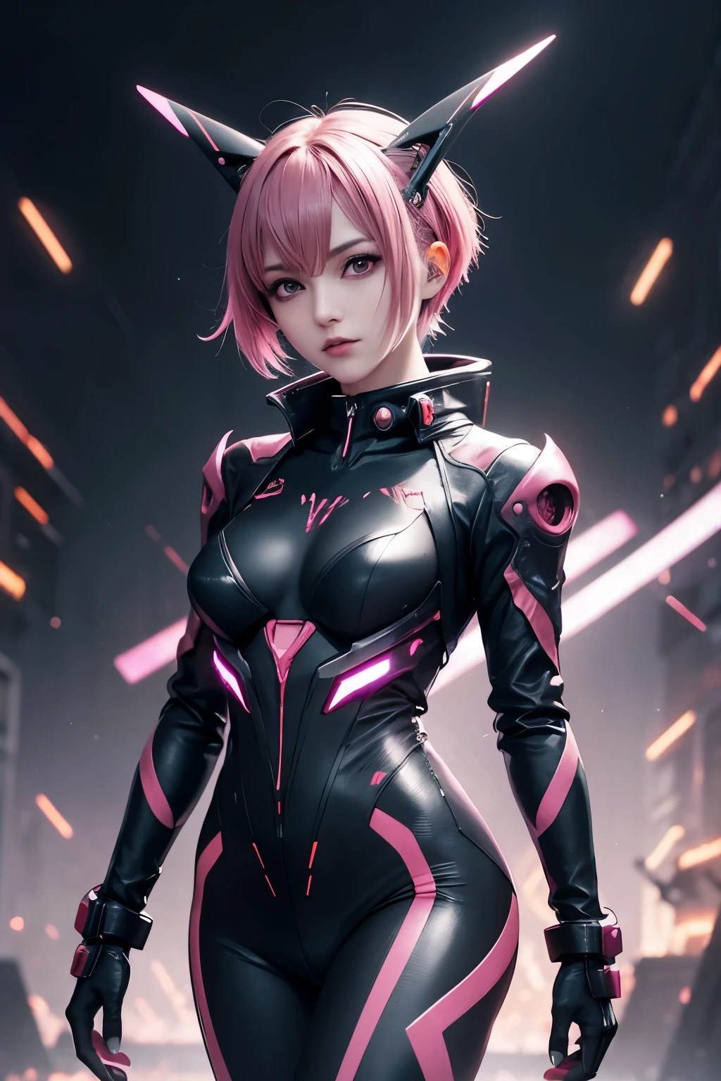 Waist up hot cyberpunk witch (masterpiece) with short pink hair, best quality, wearing cyberpunk rabbit ears & a tight plugsuit sci-fi outfit (Evangelion style), short jacket, sharp focus, moving pose, cybersamurai, glowing