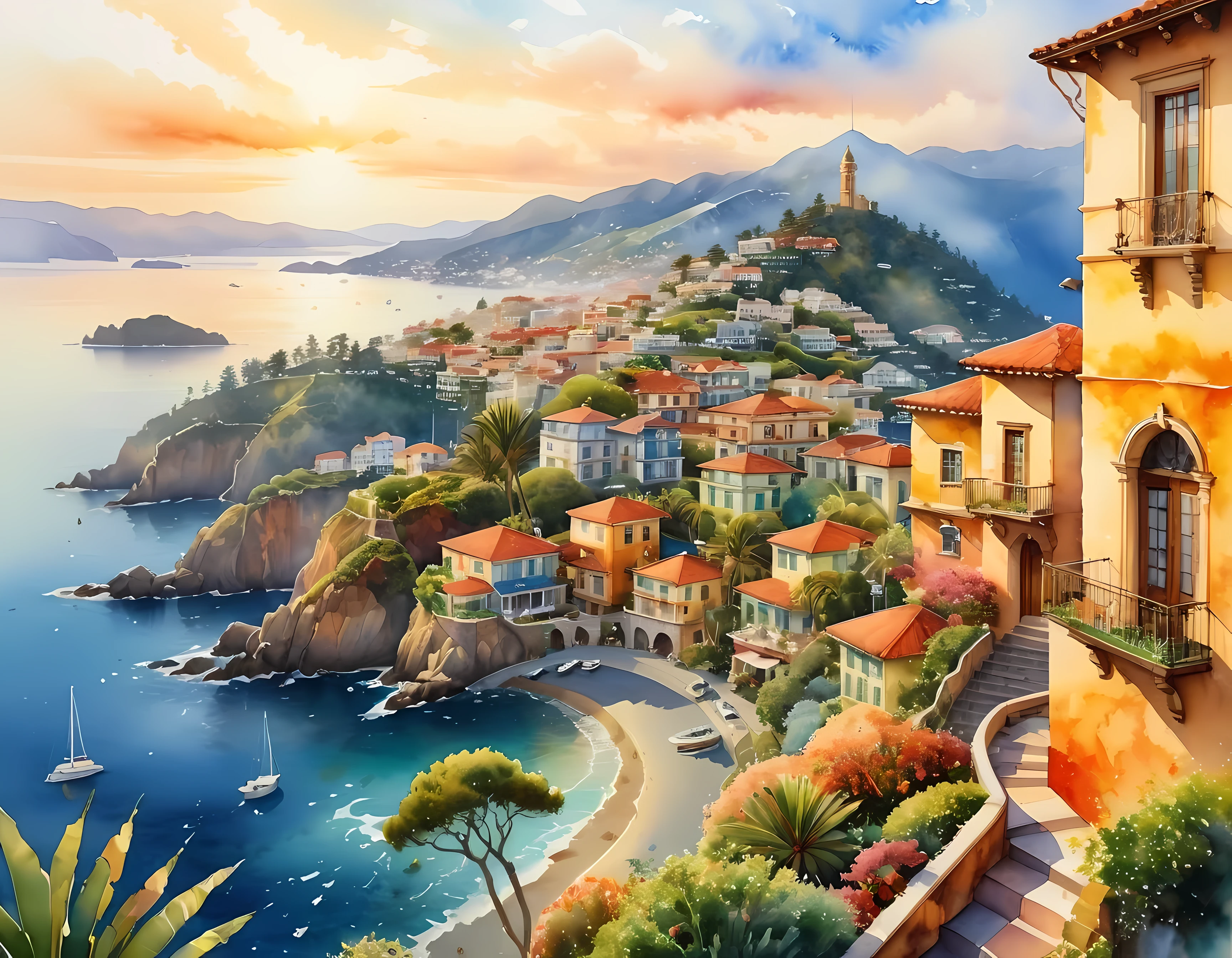 Watercolor painting, masterpiece in maximum 16K resolution, superb quality, a stunning ((aerial view)) of a coastal city nestled between mountains and the ocean, iconic landmarks, vibrant neighborhoods, golden hour lighting and atmospheric haze to create a sense of depth and dimension, intricate details of the buildings and streets, harmonious color scheme. | ((More_Detail))