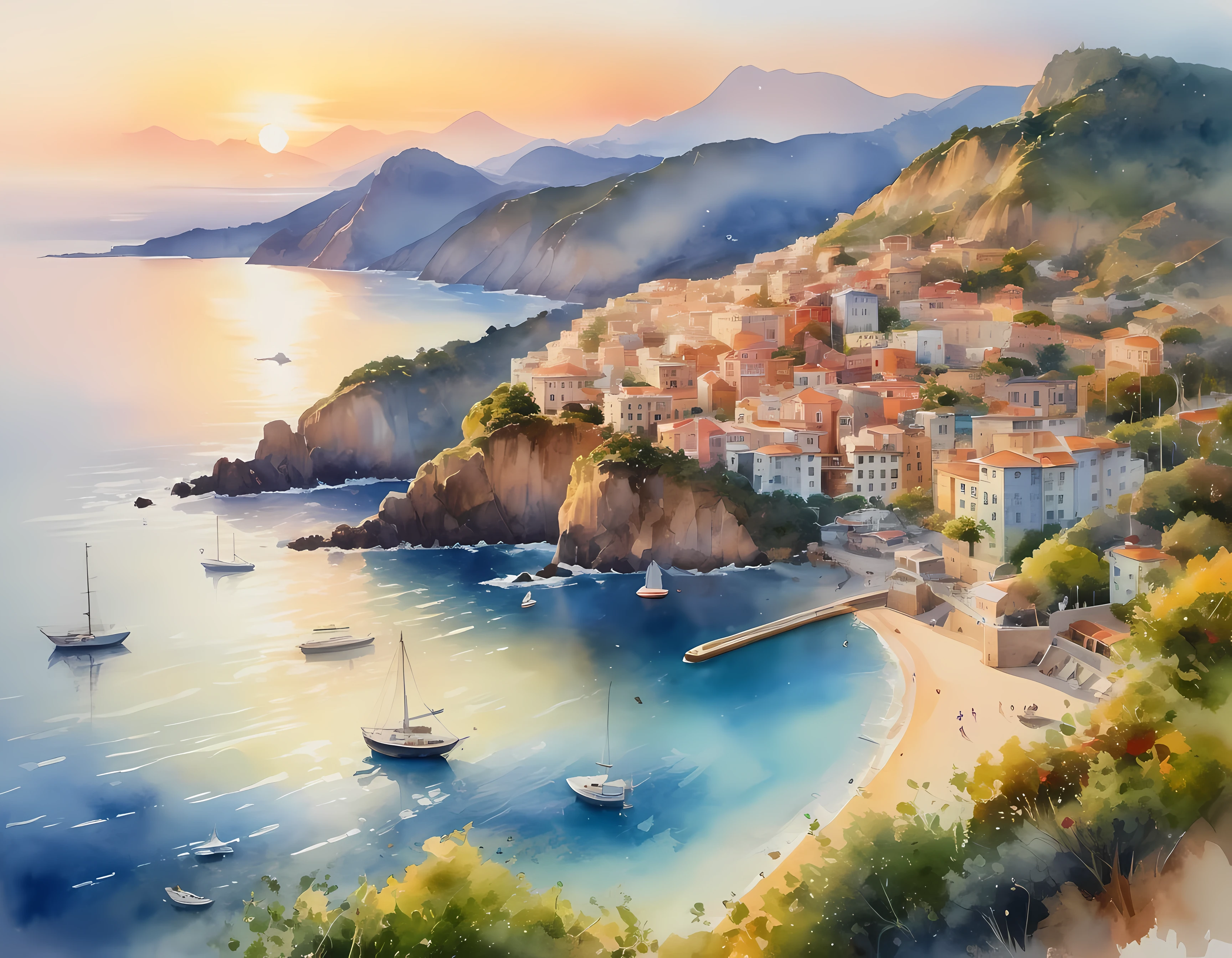 Watercolor painting, masterpiece in maximum 16K resolution, superb quality, a stunning ((aerial view)) of a coastal city nestled between mountains and the ocean, iconic landmarks, vibrant neighborhoods, golden hour lighting and atmospheric haze to create a sense of depth and dimension, intricate details of the buildings and streets, harmonious color scheme. | ((More_Detail))