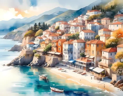 Watercolor painting, masterpiece in maximum 16K resolution, superb quality, a stunning ((aerial view)) of a coastal city nestled...