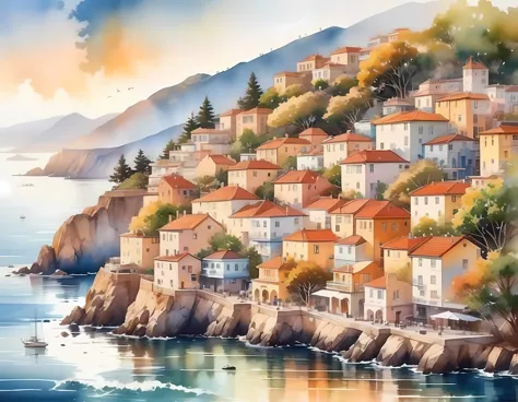 Watercolor painting, masterpiece in maximum 16K resolution, superb quality, a stunning ((aerial view)) of a coastal city nestled...