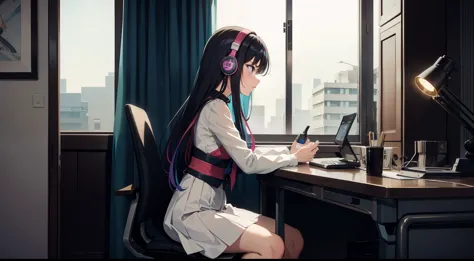 Anime-style girl sitting next to a stylish desk, Completely absorbed in the music playing from her headphones, Her eyes were clo...