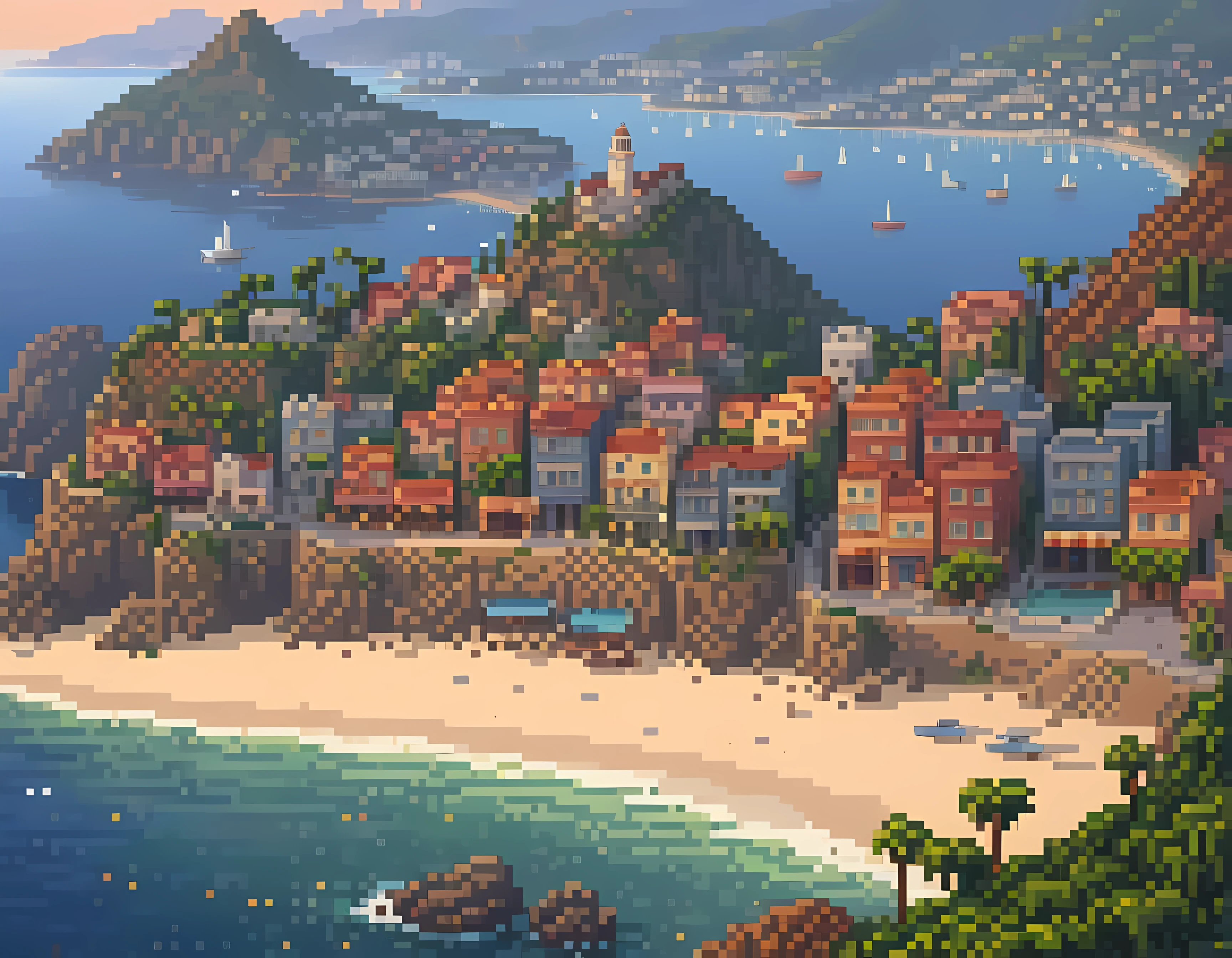 Pixel art, masterpiece in maximum 16K resolution, superb quality, a stunning ((aerial view)) of a coastal city nestled between mountains and the ocean, iconic landmarks, vibrant neighborhoods, golden hour lighting and atmospheric haze to create a sense of depth and dimension, intricate details of the buildings and streets, harmonious color scheme. | ((More_Detail))