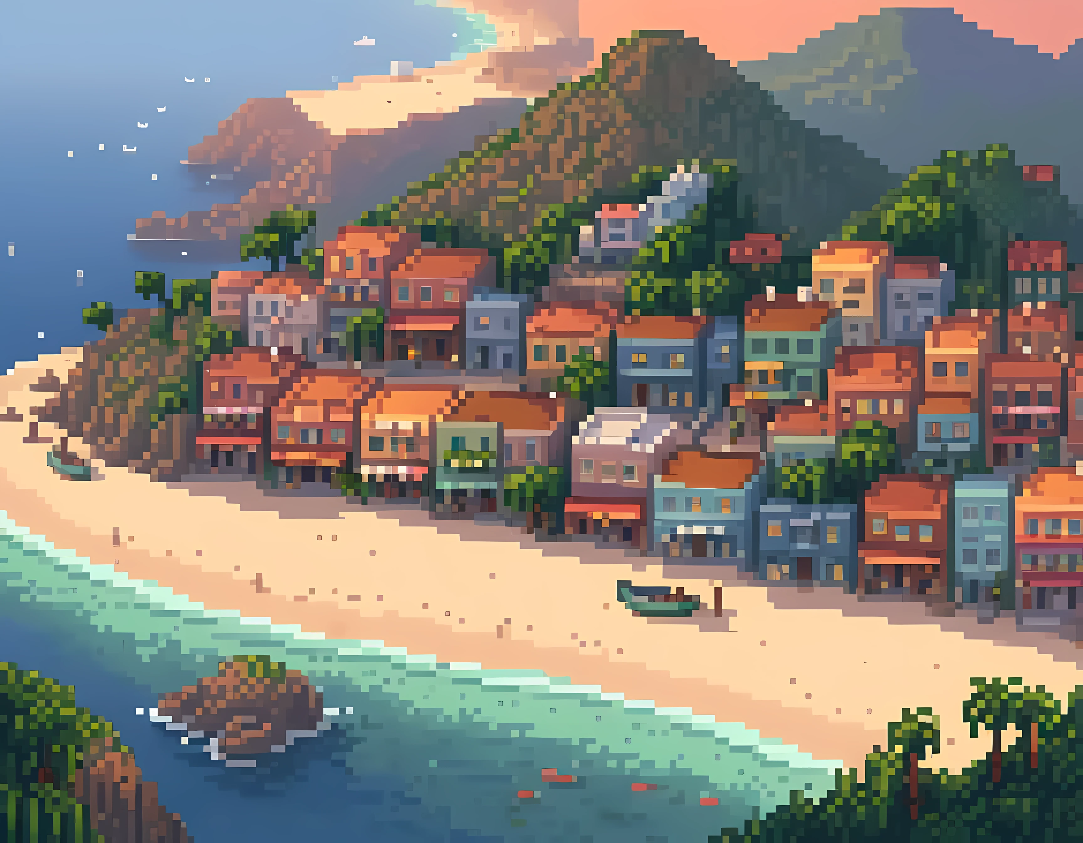 Pixel art, masterpiece in maximum 16K resolution, superb quality, a stunning ((aerial view)) of a coastal city nestled between mountains and the ocean, iconic landmarks, vibrant neighborhoods, golden hour lighting and atmospheric haze to create a sense of depth and dimension, intricate details of the buildings and streets, harmonious color scheme. | ((More_Detail))