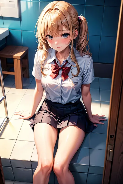 (best quality, highres:1.5), 1 girl, elementary school student, Tsundere personality, small breasts, erotic scene, bathroom sett...