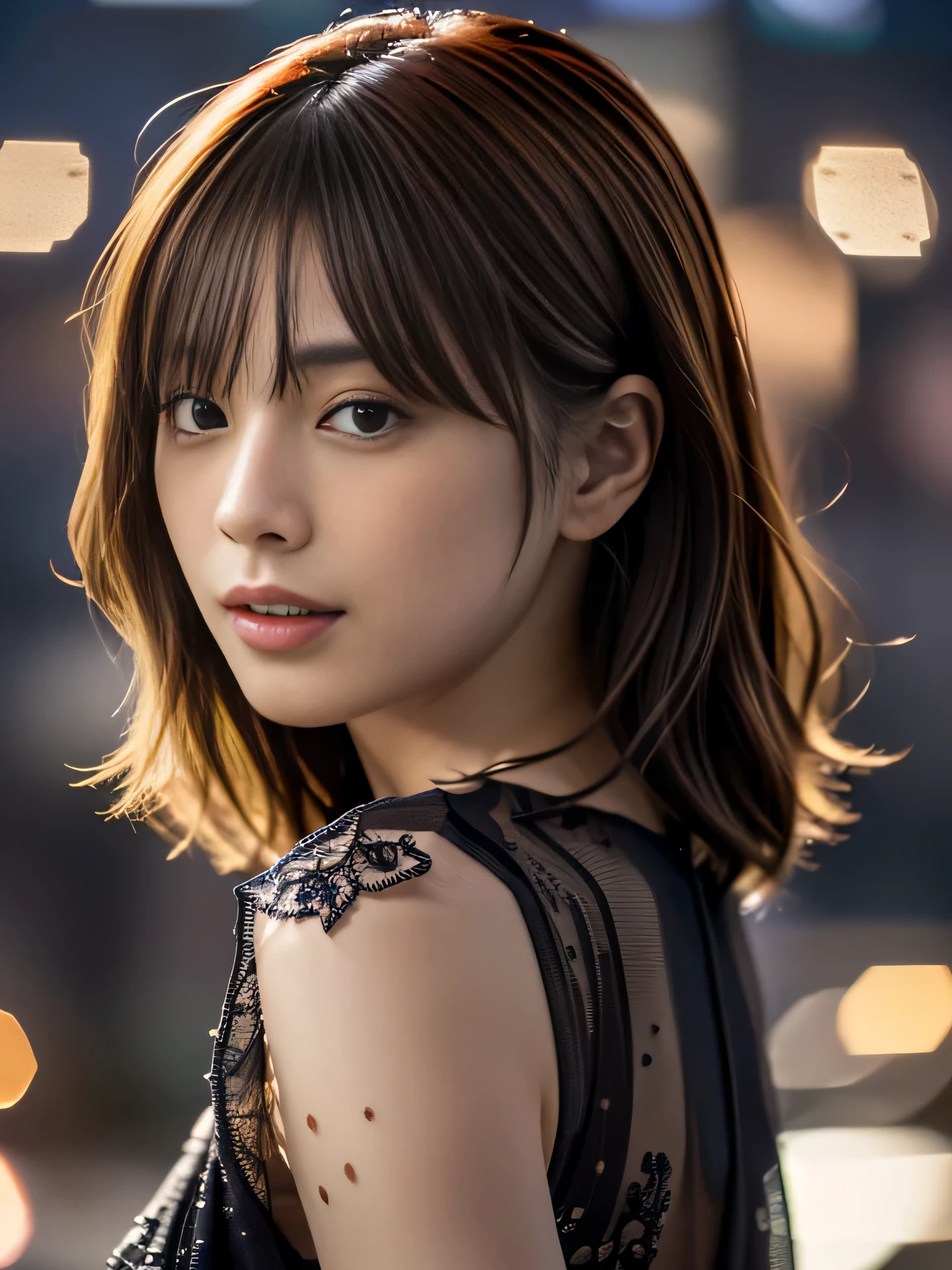 High resolution, RAW photo, realistic, very delicate and beautiful, very detailed, finely, Very detailed CG Unity 8k 壁紙, super detailed, (highest quality, 8k, 32K, masterpiece, Hmm:1.2), Photos of beautiful Japanese models in their 20s, short hair, redhead, blurry night view,