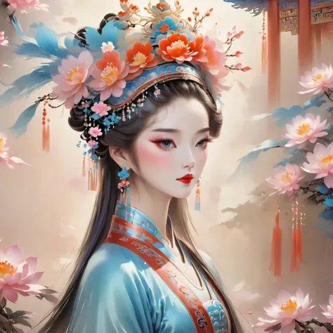 (masterpiece, best quality:1.2), Close-up of woman wearing floral headdress, palace ， girl wearing hanfu, beautiful fantasy quee...
