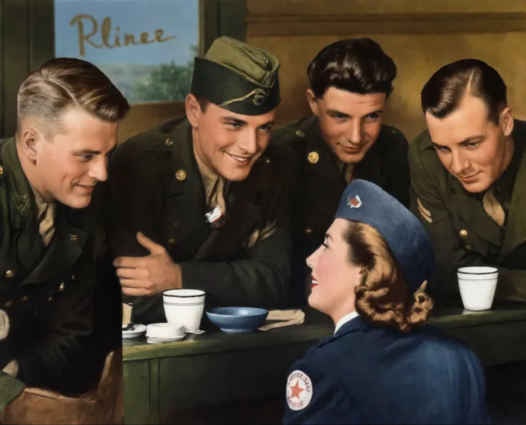 painting of a group of men in uniform sitting at a table, award winning colorized photo, a colorized photo, colorized photo, by ...