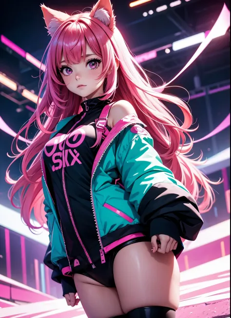 a girl with pink hair and a cat ears is staring at the camera, anime vibes, neon and dark, anime art wallpaper 8 k, anime colour...