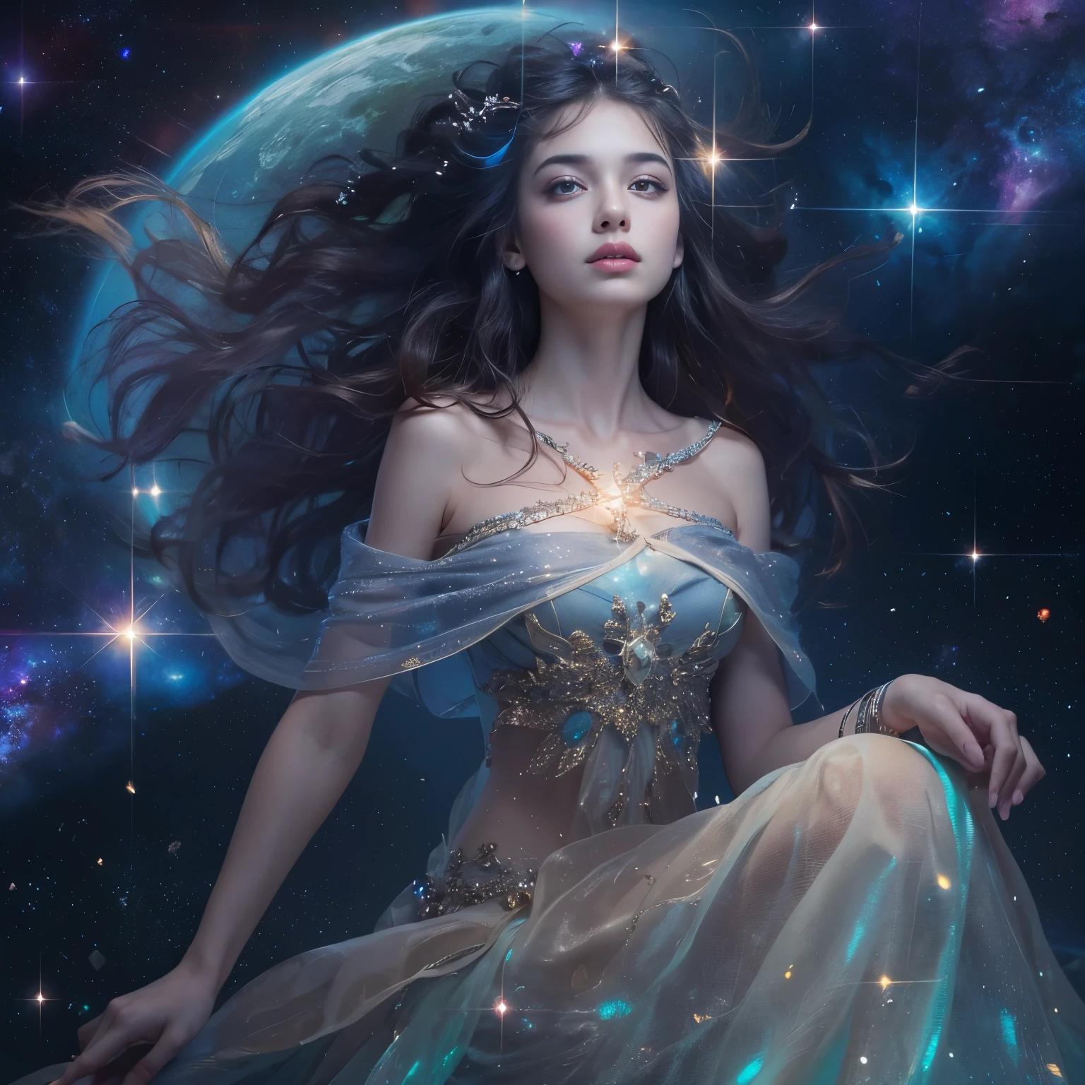 (best quality,4k,highres), the most beautiful girl with mesmerizing eyes,gorgeous galaxy viewing,sparkling stars,soft cosmic colors,ethereal atmosphere,peaceful serenity,celestial wonders,wonderful universe,stellar beauty,romantic stardust,celestial portrait,cosmic perspective,astounding cosmic art,galactic elegance,transcendent charm,celestial goddess,cosmic enchantment,cosmic girl admiring the magnificent galaxy,cosmic dreamworld,galactic reverie,cosmic masterpiece:1.2, moist skin,