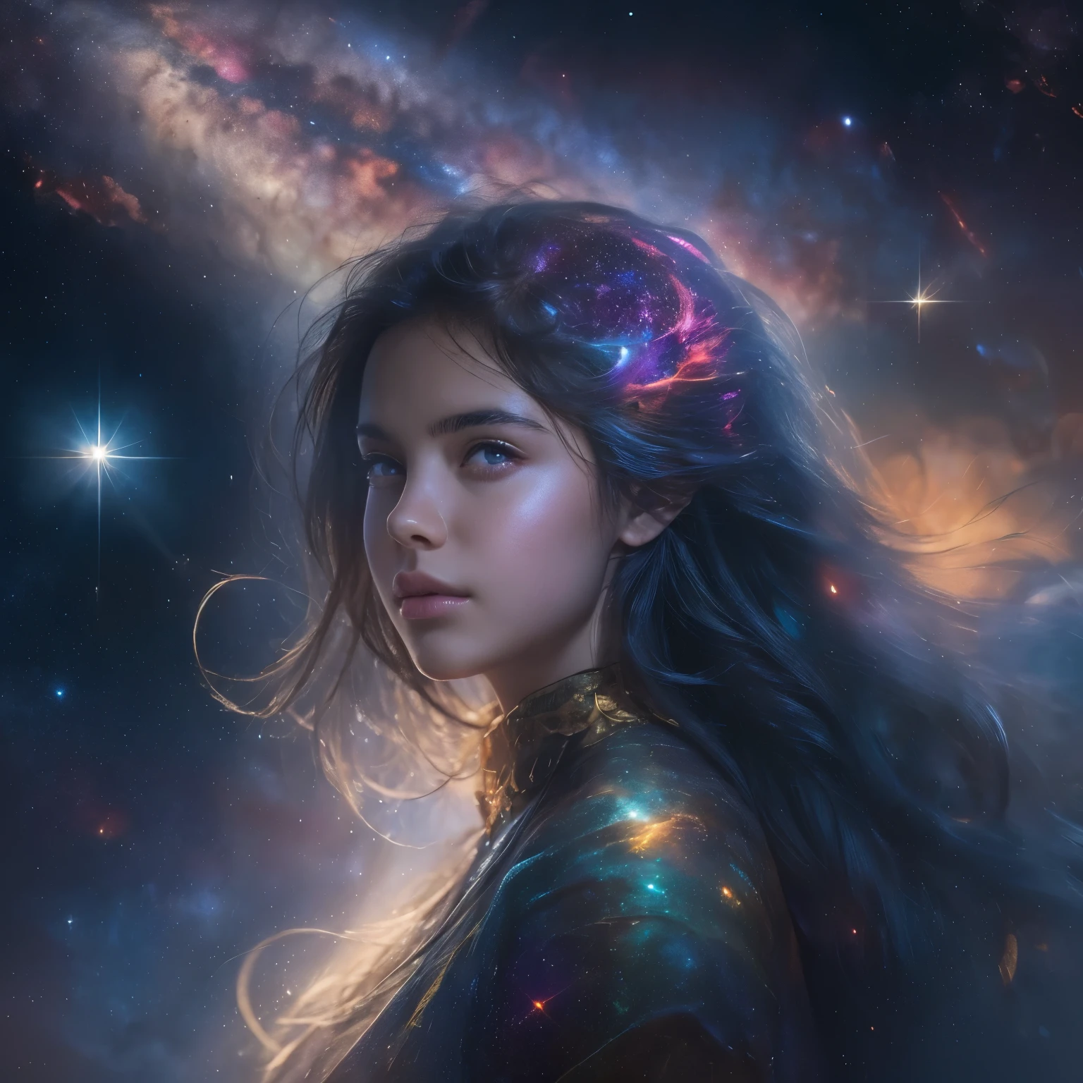 (best quality,4k,highres,ultra-detailed, photo realistic:1.37), beautiful girl with mesmerizing eyes,gorgeous galaxy viewing,sparkling stars,soft cosmic colors,ethereal atmosphere,peaceful serenity,celestial wonders,wonderful universe,stellar beauty,romantic stardust,celestial portrait,cosmic perspective,astounding cosmic art,galactic elegance,transcendent charm,celestial goddess,cosmic enchantment,cosmic girl admiring the magnificent galaxy,cosmic dreamworld,galactic reverie,cosmic masterpiece:1.2