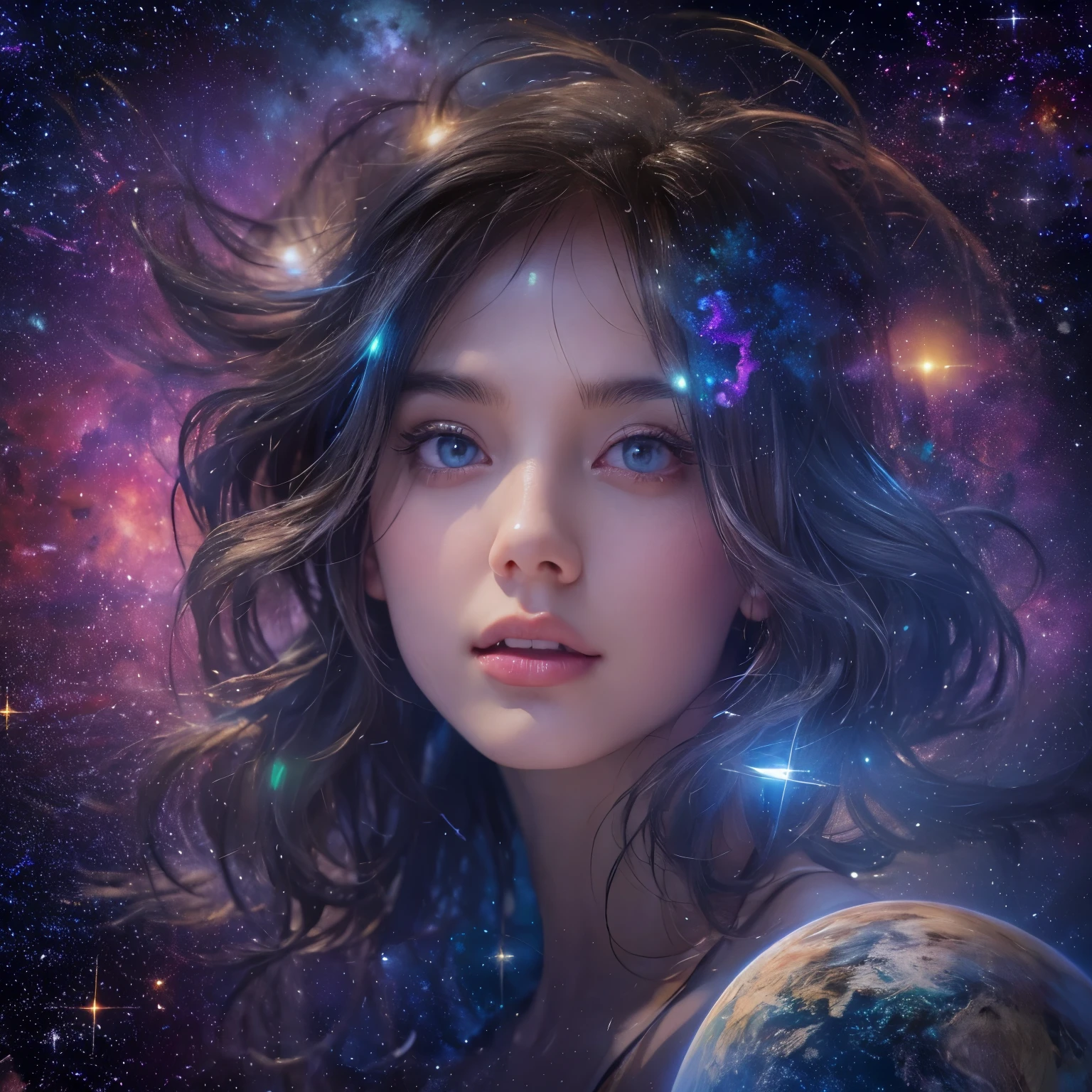(best quality,4k,highres,ultra-detailed, photo realistic:1.37), beautiful girl with mesmerizing eyes,gorgeous galaxy viewing,sparkling stars,soft cosmic colors,ethereal atmosphere,peaceful serenity,celestial wonders,wonderful universe,stellar beauty,romantic stardust,celestial portrait,cosmic perspective,astounding cosmic art,galactic elegance,transcendent charm,celestial goddess,cosmic enchantment,cosmic girl admiring the magnificent galaxy,cosmic dreamworld,galactic reverie,cosmic masterpiece:1.2