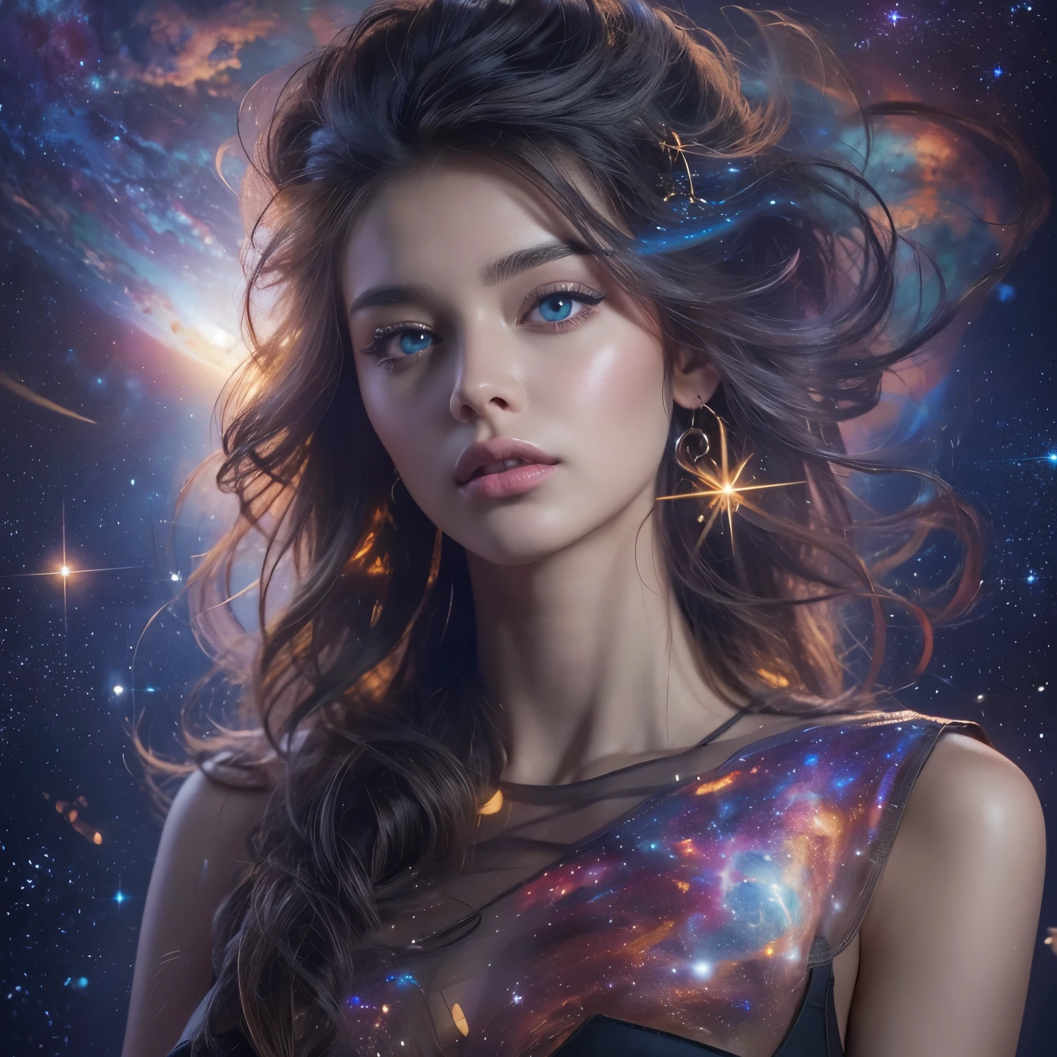 (best quality,4k,highres),beautiful girl with mesmerizing eyes,gorgeous galaxy viewing,sparkling stars,soft cosmic colors,ethereal atmosphere,peaceful serenity,celestial wonders,wonderful universe,stellar beauty,romantic stardust,celestial portrait,cosmic perspective,astounding cosmic art,galactic elegance,transcendent charm,celestial goddess,cosmic enchantment,cosmic girl admiring the magnificent galaxy,cosmic dreamworld,galactic reverie,cosmic masterpiece:1.2