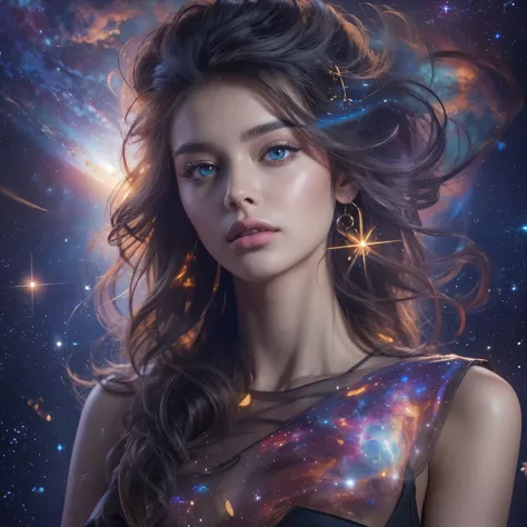 (best quality,4k,highres),beautiful girl with mesmerizing eyes,gorgeous galaxy viewing,sparkling stars,soft cosmic colors,ethere...