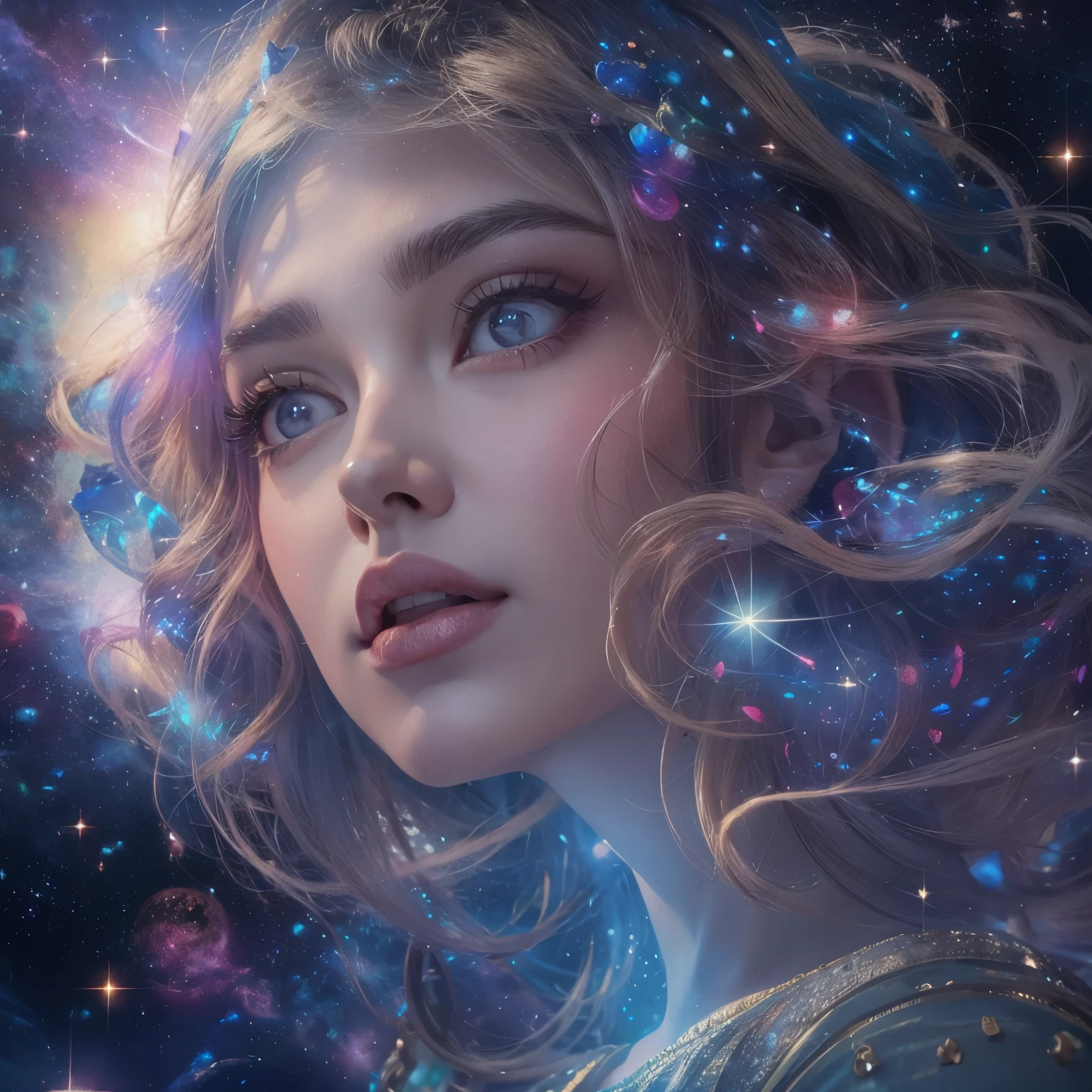 (best quality,4k,highres),beautiful girl with mesmerizing eyes,gorgeous galaxy viewing,sparkling stars,soft cosmic colors,ethereal atmosphere,peaceful serenity,celestial wonders,wonderful universe,stellar beauty,romantic stardust,celestial portrait,cosmic perspective,astounding cosmic art,galactic elegance,transcendent charm,celestial goddess,cosmic enchantment,cosmic girl admiring the magnificent galaxy,cosmic dreamworld,galactic reverie,cosmic masterpiece:1.2