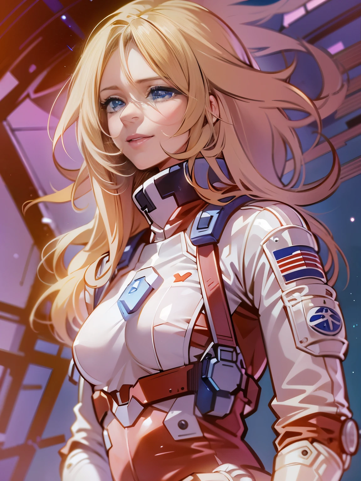 1 jeune femme, 25 ans, very blonde, souriante, yeux bleus clairs, Long messy hair, grande, anatomie parfaite, Very small breasts, tight red full space suit, bottes blanches, ceinture hitech blanche, debout, pose dynamique