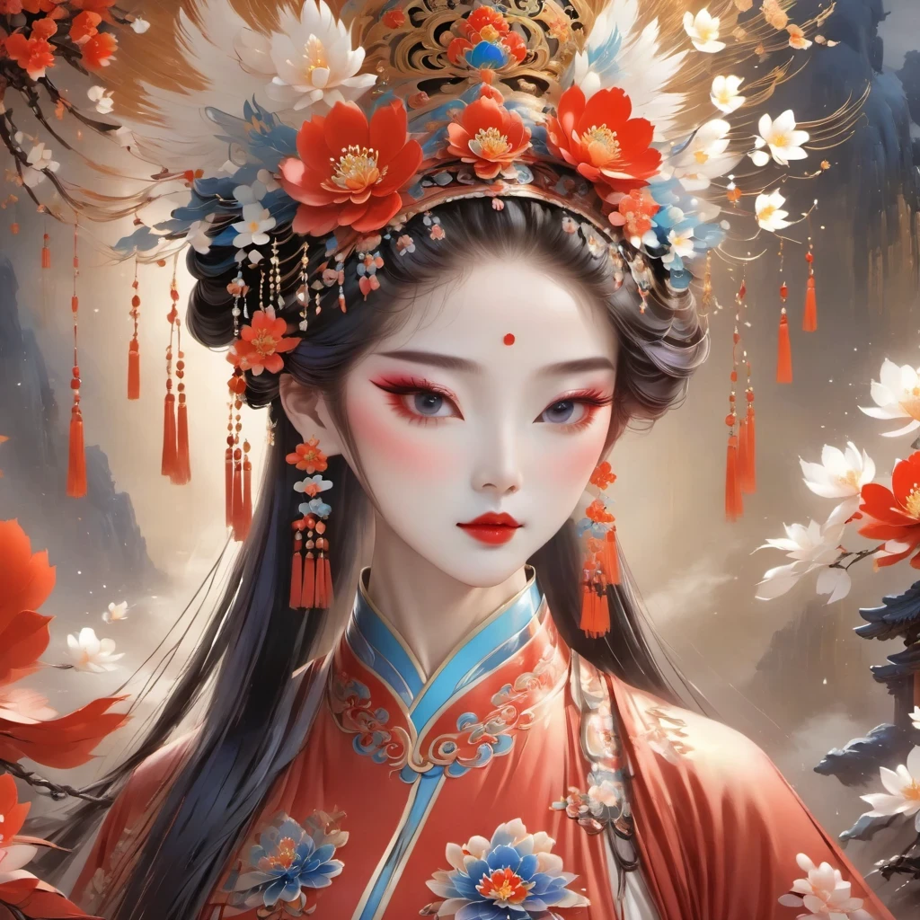 (masterpiece, best quality:1.2),，Nuwa holds the sacred stone，Fix the big hole in the sky。Her body is painted red，Symbolizes her courage and strength。Her hair and clothes are white，Symbolizing her purity and holiness。around her，is a dark sky，Symbolizes disaster and danger。Nuwa’s sacred stone shines brightly，Illuminates the whole picture，Symbolizes hope and redemption。 Close-up of woman wearing floral headdress, palace ， girl wearing hanfu, beautiful fantasy queen, ancient chinese princess, ((beautiful fantasy queen)), chinese princess, queen of china, beautiful figure painting, Gurwitz style artwork, A beautiful artistic illustration, guweiz, Beautiful digital art work, Beautiful digital illustration