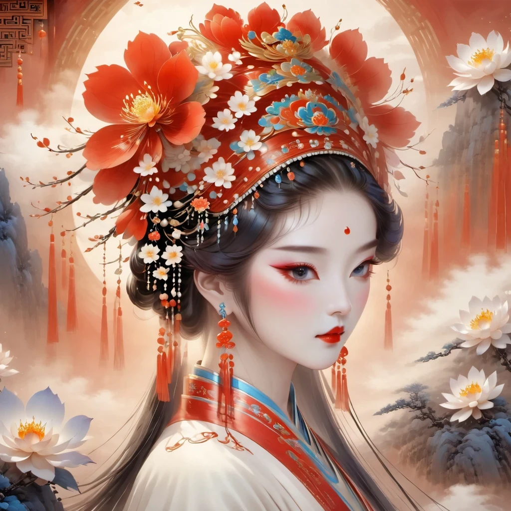 (masterpiece, best quality:1.2),，Nuwa holds the sacred stone，Fix the big hole in the sky。Her body is painted red，Symbolizes her courage and strength。Her hair and clothes are white，Symbolizing her purity and holiness。around her，is a dark sky，Symbolizes disaster and danger。Nuwa’s sacred stone shines brightly，Illuminates the whole picture，Symbolizes hope and redemption。 Close-up of woman wearing floral headdress, palace ， girl wearing hanfu, beautiful fantasy queen, ancient chinese princess, ((beautiful fantasy queen)), chinese princess, queen of china, beautiful figure painting, Gurwitz style artwork, A beautiful artistic illustration, guweiz, Beautiful digital art work, Beautiful digital illustration