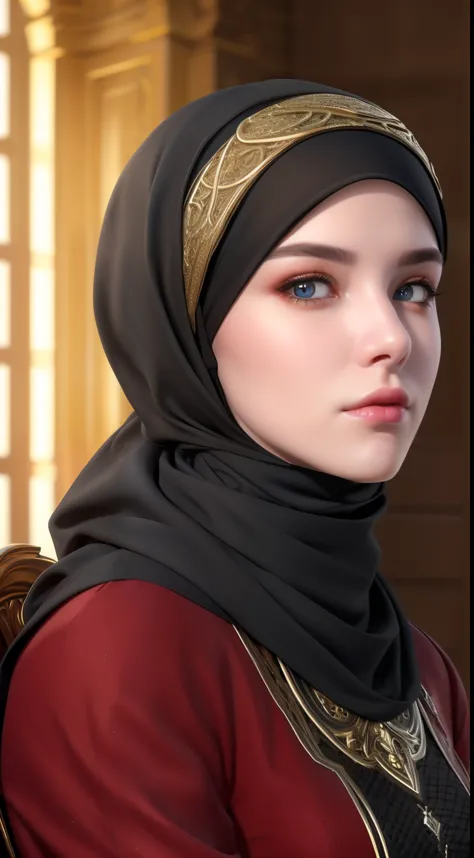 1girl, solo, beautiful face, high detailed realistic eyes, double eyelids, high detailed realistic pupils, (upon body from head to waist:1.36), (wearing hijab:1.37), (moslem headscarf:1.37), reading glasses, sitting alone on a long chair, amazing mosque pa...