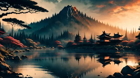 Ancient Japanese magical city, panoramic view, epic, gloomy, oscuro, Dramatic, cinematographic, toda la calidad, 8K