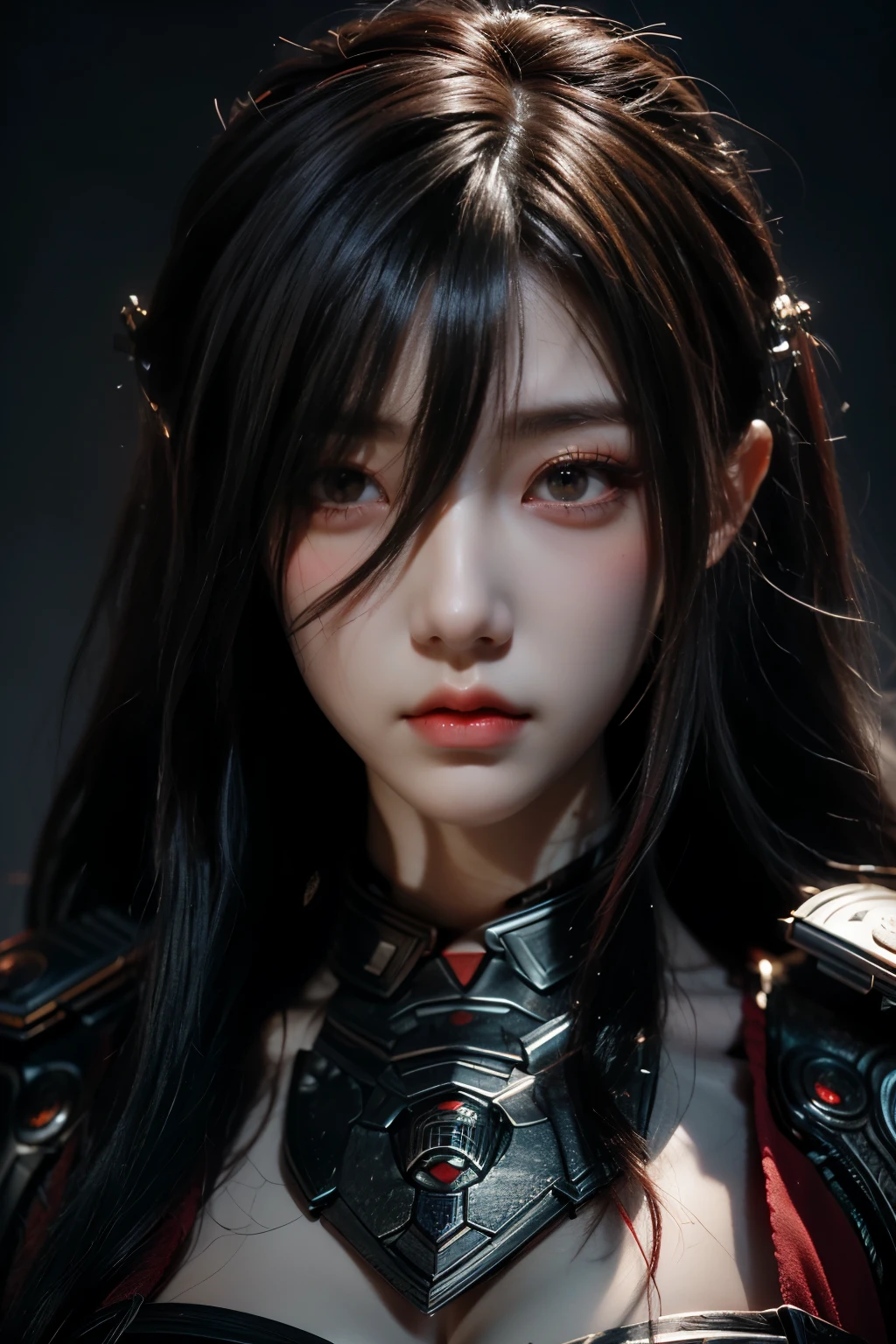 chef-d&#39;œuvre,art du jeu,La meilleure qualité d&#39;image,la plus haute résolution,8k,(portrait),Le rendu Unreal Engine 5 fonctionne,(la photographie numérique),((portrait Feature:1.5)),
fille de 20 ans,Détails des cheveux courts,avec une longue frange,(Le maquillage des yeux rouges est très soigné),(avec de longs cheveux gris:1.4),(grand, Seins pleins),Élégant et noble,Courageux et charmant,
(Armure du futur combinée aux caractéristiques de l&#39;armure chinoise ancienne,Conception creuse,armure assistée,Les mystérieuses runes orientales,Un patron de robe délicat,Un éclair de magie),Guerrier du futur,Figurines cyberpunk,Contexte de guerre,
Lumières de cinéma，Tracé laser，Jeu CG，((Moteur irréel 3D))，Modèle de réflexion du rendu OC