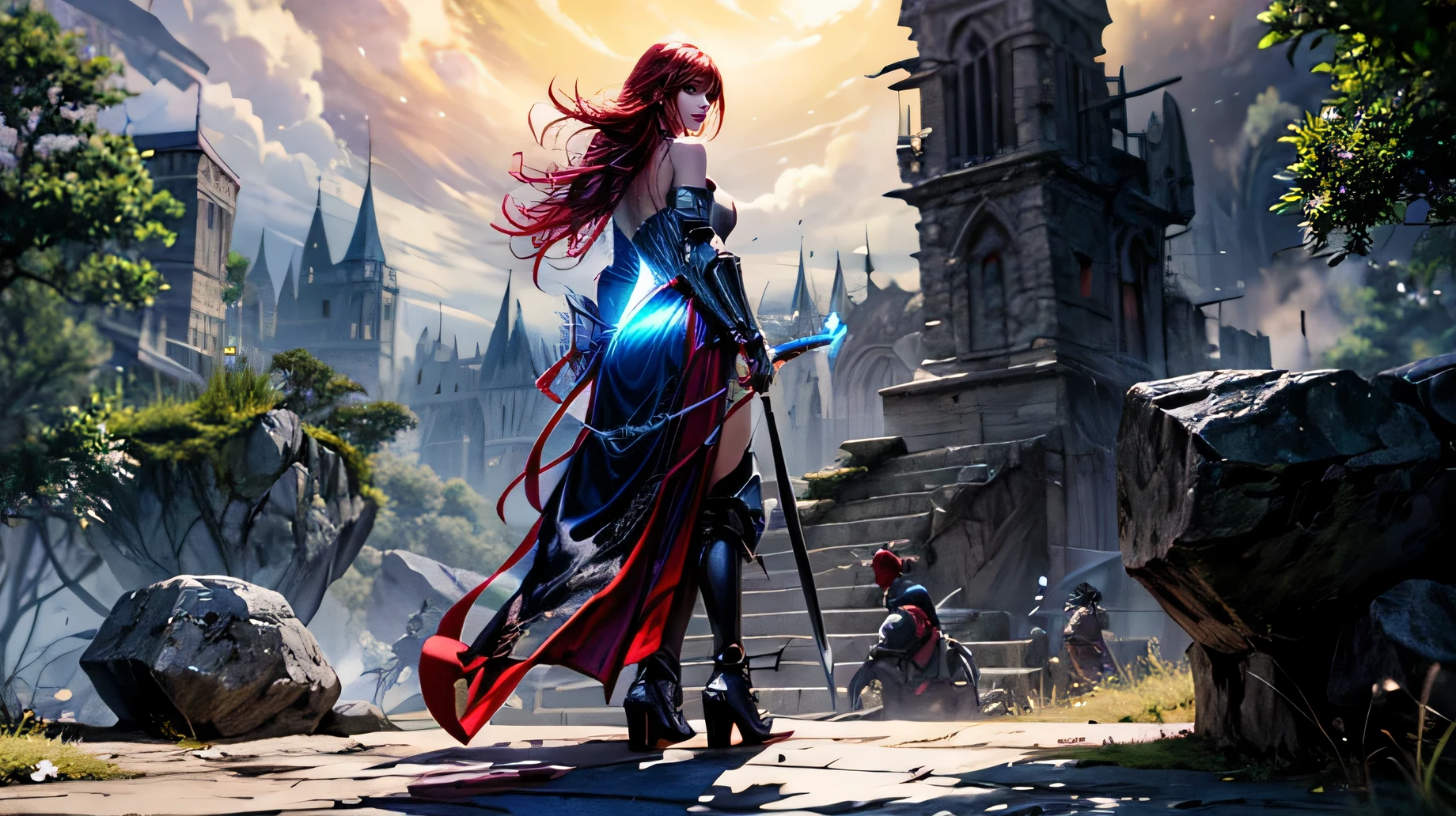 (best quality,highres:1.2),ultra-detailed,physically-based rendering,vivid colors,full body images,battlefield,fantasy sexy armor,sword in her hand and greatword on her back,fierce expression,angry eyes,red dark hair,blazing fire,ruined kingdom,sunset lighting ,medival.