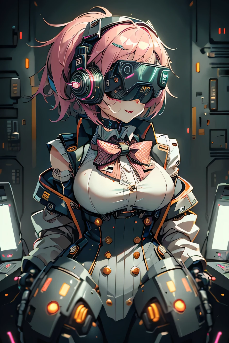 Anime cyborg girl sitting in a pilot seat wearing a virtual reality headset covering her eyes on her face with machinery and tubes and wires going inside her head and brain, (Best quality,highres:1.2), ultra-detailed, (realistic:1.3), cyberpunk, futuristic, portrait, shiny revealing latex outfit, cyber implants, virtual reality, drooling face, cables plugging into brain, shirt collar, bowtie, formal clothing, open mouth smile, facing viewer, girl is vibrating, glowing virtual reality headset, relaxed expression, blushing, cyber future formal wear, cyberpunk, futuristic, brain drain, cyber implants, virtual reality, drooling face, virtual reality headset covering eyes,  school uniform, big collar, high collar, open mouth smile, pleasured face expression, skin tight clothing, big shirt collar, big bowtie, biggest breasts in the world, light-emitting cable connected to brain, head antennas, oversized headphones, breasts are vibrating, open mouth drooling, pleasured expression, red face blush, cyborg, android, mechanical creature, mechanical torso, futuristic cyberpunk cyborg body, slim futuristic android, glowing lights on girls body, power cells, head is emitting pink light, formal shirt collar, big formal bowtie, school uniform, glowing nipples, big shirt collar, high collar, white collar, electrocution, girl being electrocuted, electricity, electricity sparks, pink hair, short hair, neon pink hair, body modification, orgasm, pleasure, (VR headset covering the eyes), pointing index finger up, half smile, excited expression, girl has a genius idea, picking noise with index funger, a mass of cables connected to the girl's brain, white suit coat with polka dots, black vest, white dress shirt with polka dots, nose picking, finger in nostril, girl picking her nose, holding index fingers up, pointing upward, clown-like formal attire, polka dotted clothing, clown clothes, clown suit, clown girl