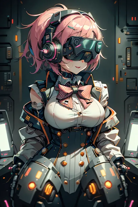 Anime cyborg girl sitting in a pilot seat wearing a virtual reality headset covering her eyes on her face with machinery and tub...