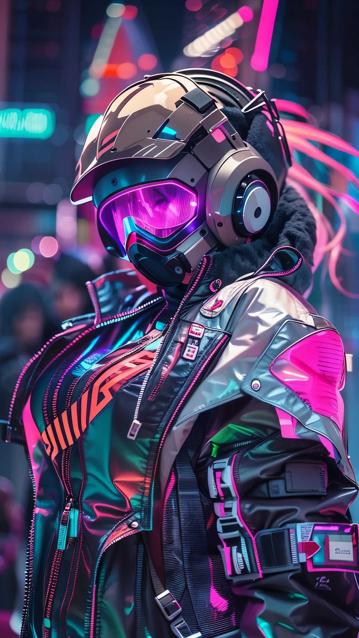 (good structure),high dynamic range,ultra high definition,8k,1 girl,cyberpunk protective clothing,cyberpunk gas mask,cyberpunk protective helmet,A luminescent helmet,neon lights,neon color,face camera,close up,night,Mask screen reflections,luminescent,jacket,Upper body,cyberpunk,colorful clothes,actual,alone,zipper