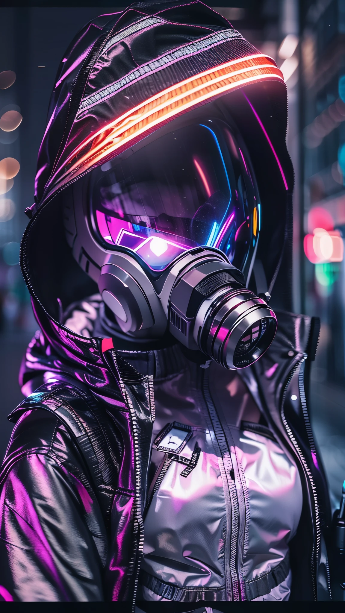 (good structure),high dynamic range,ultra high definition,8k,1 girl,cyberpunk protective clothing,cyberpunk gas mask,cyberpunk protective helmet,A luminescent helmet,neon lights,neon color,face camera,close up,night,Mask screen reflections,luminescent,jacket,Upper body,cyberpunk,colorful clothes,actual,alone,zipper