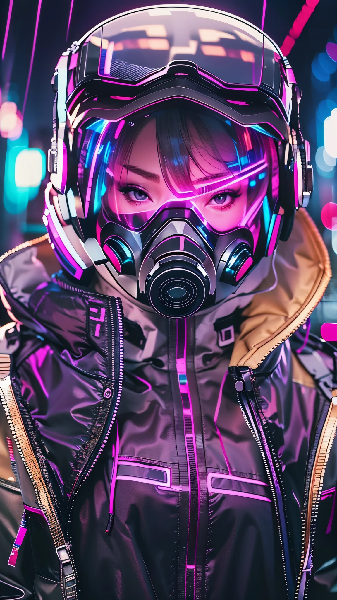 (good structure),high dynamic range,ultra high definition,8k,1 girl,cyberpunk protective clothing,cyberpunk gas mask,cyberpunk protective helmet,A luminescent helmet,neon lights,neon color,face camera,close up,night,Mask screen reflections,luminescent,jacket,Upper body,cyberpunk,colorful clothes,actual,alone,zipper