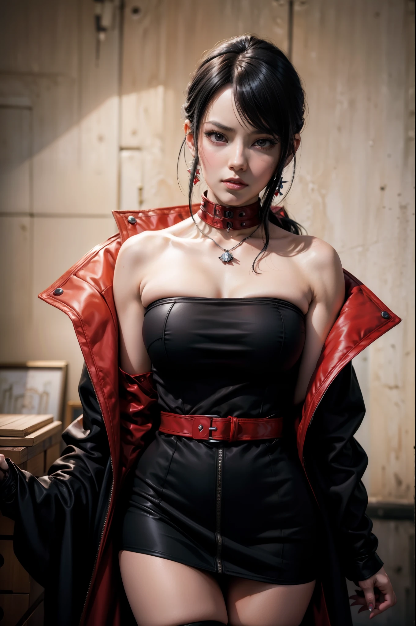 there is a woman in a black dress and red cape posing, range murata and artgerm, seductive tifa lockhart portrait, anime girl cosplay, anya from spy x family, portrait of tifa lockhart, yayoi kasuma, full-cosplay, professional cosplay, jett from valorant, hints of yayoi kasuma, anime cosplay