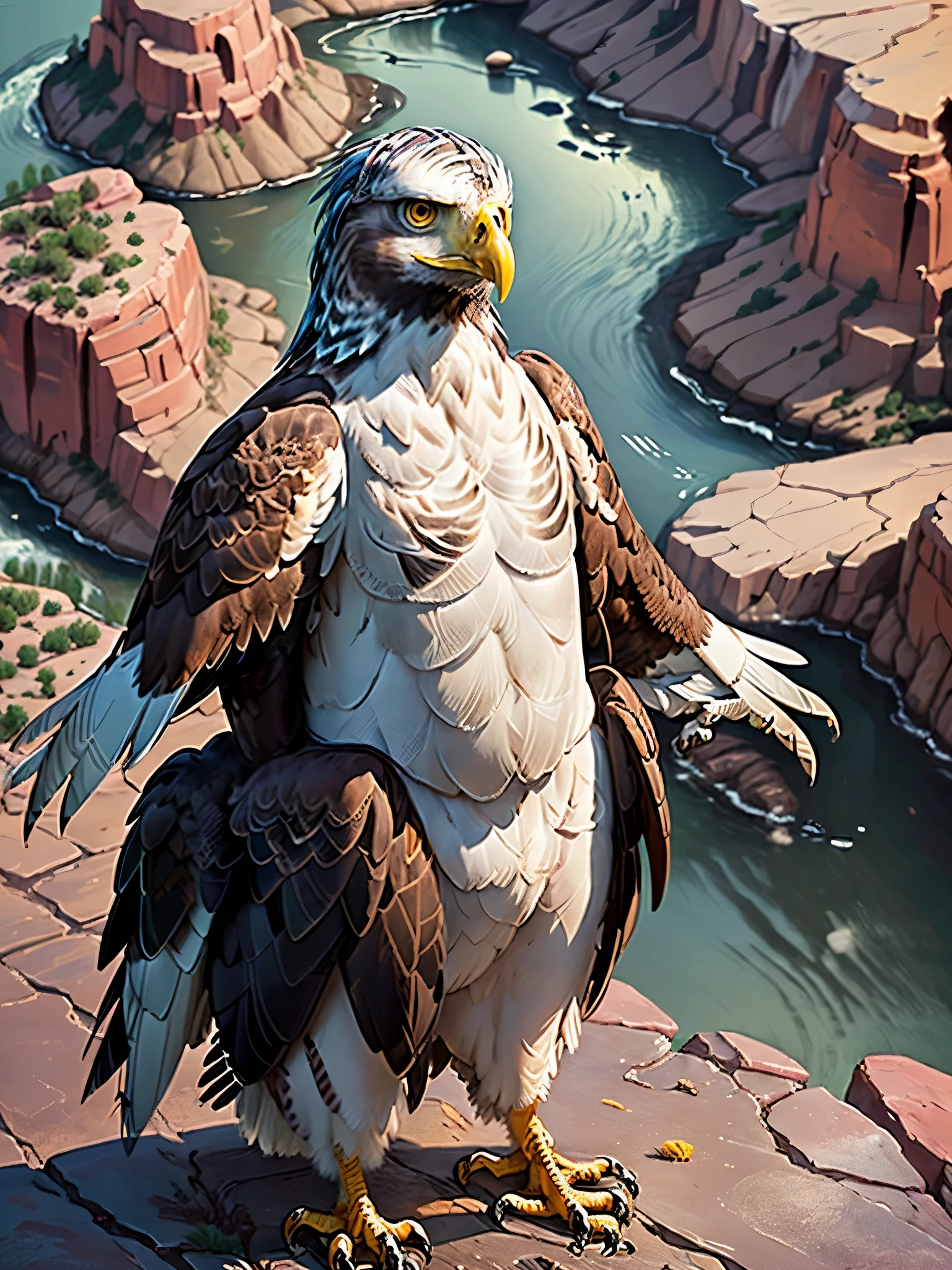 ((Eagle bird:1.5)), ((perfect meticulously detailed hyper-realistic:1.3, flying over the Colorado Grand Canyon:1.5)), ((magical atmosphere:1.3)), ((Imaginative scene)), ((full shot: 1.4)), ((best quality)), ((masterpiece)), 3D, (hyper-detailed: 1.3), ((top view photography: 1.5)), ((scenery, Eagle flying over rocky canyons epic: 1.3) ) , ((sunset background: 1.3))), ((( sunset:1.2)) ), (photorealistic:1.4), ((Profile Camera)),( (Cinematic Lighting:1.2)), 32k.
