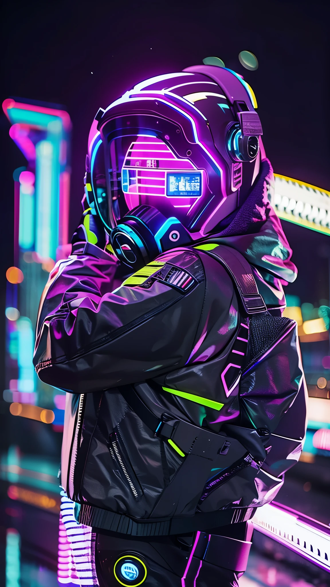 (good structure),high dynamic range,ultra high definition,8k,1 girl,Backpack,cyberpunk protective clothing,cyberpunk gas mask,cyberpunk protective helmet,Glowing helmet,Neon lamp,neon color,blurred background,Color difference,glowing mask screen,night,side body,Luminous display on arm,Upper body,cyberpunk,depth of field,jacket,lens flare,lamp,neon lamp,alone,space,Star \(Sky\)