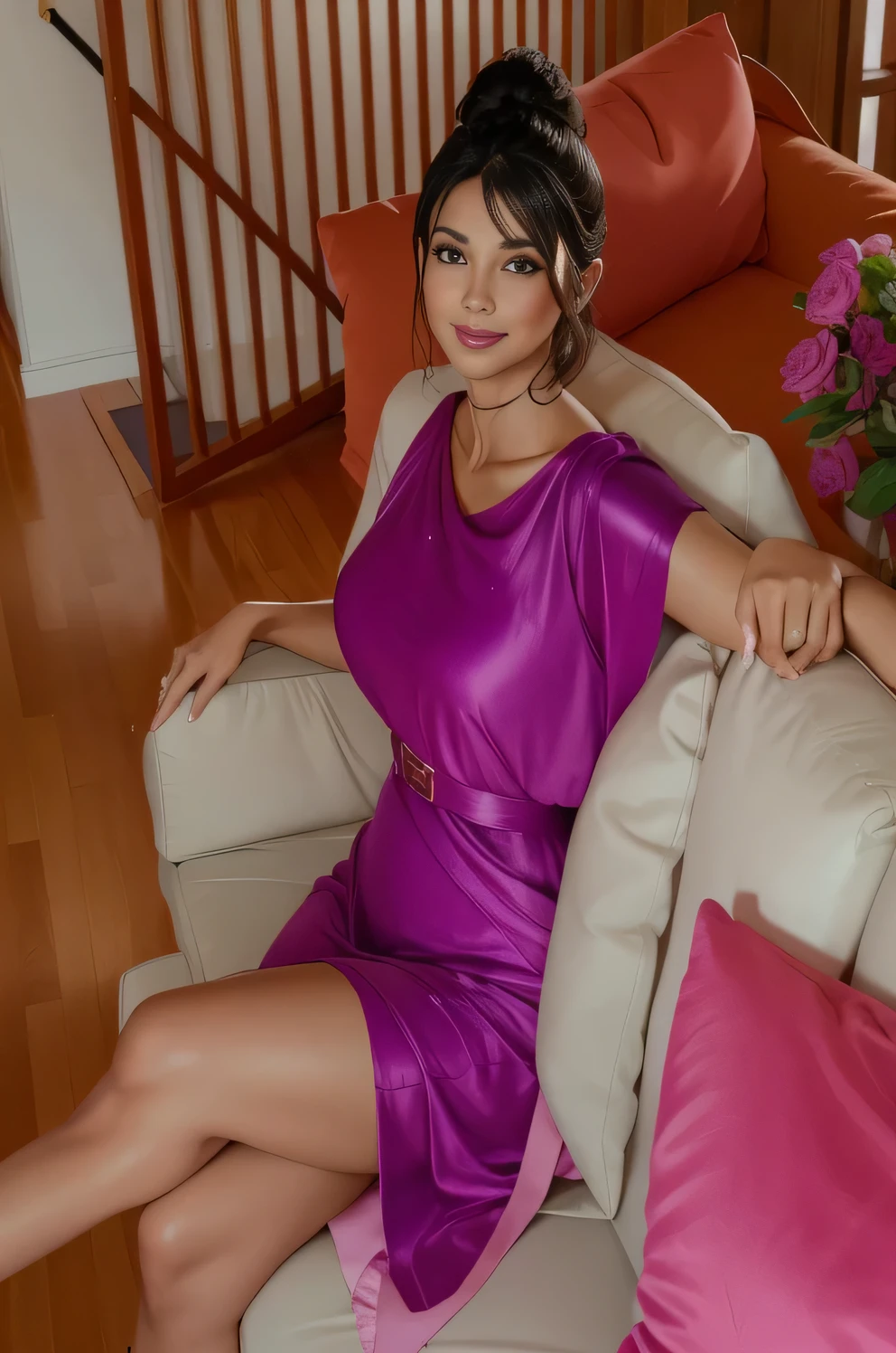 Araffe woman in a purple dress sitting on a couch - SeaArt AI