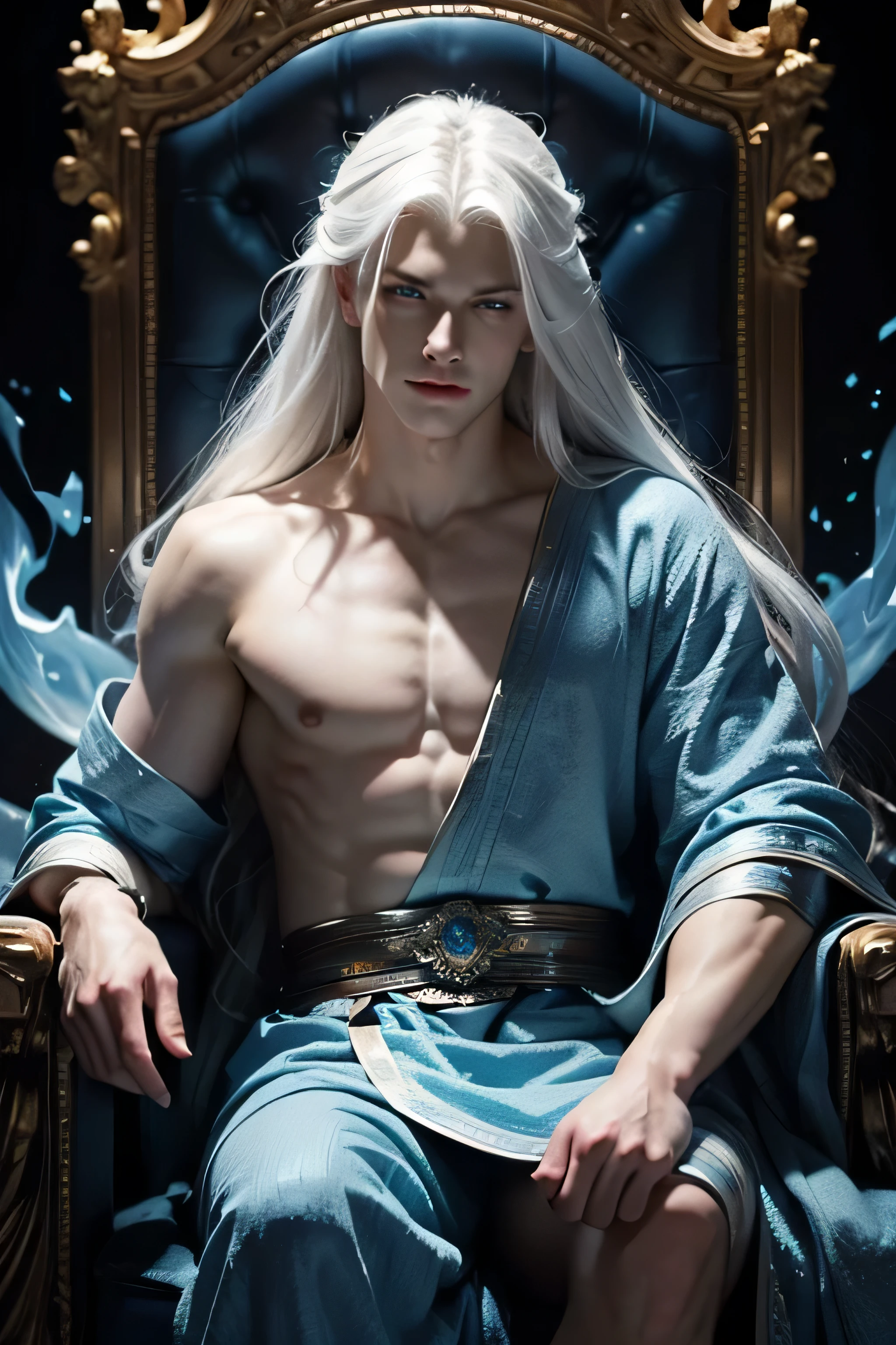 young man, very handsome, long white hair, blue eyes, wearing a blue tunic, blue fire flames, blue fire in the background of the image , blue fire, fox eyes, fuller face, with defined jawline, 8k, super detail, top quality, long white hair, no shirt , a god, Super powers , god of dazzling beauty , man with effeminate face, white hair, god, full face, soft eyebrows, thick lips, sitting on a high throne, symmetrical face, bright blue eyes 