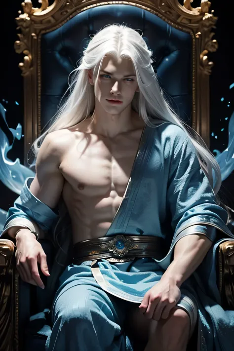 young man, very handsome, long white hair, blue eyes, wearing a blue tunic, blue fire flames, blue fire in the background of the...