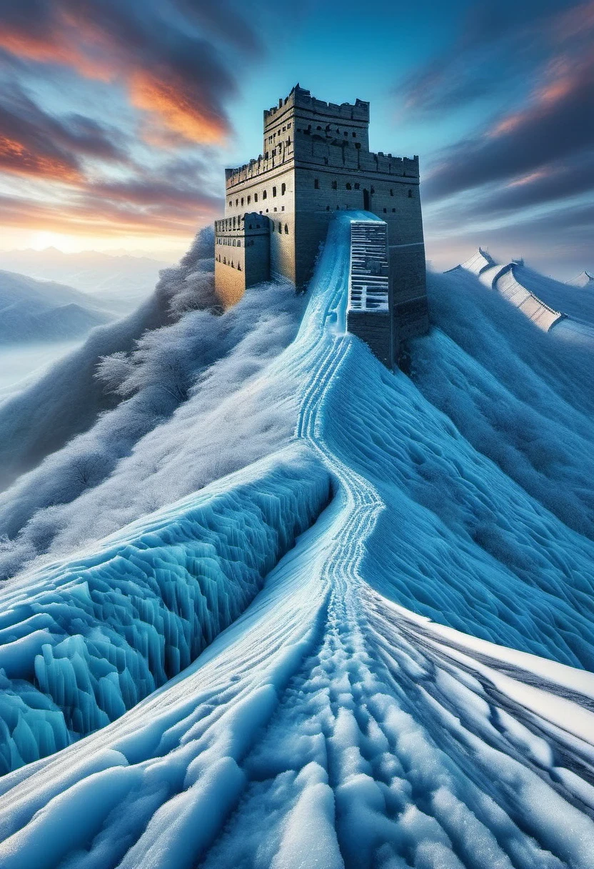 vanishing point, from above, panoramic, super wide angle, satellite images，aerial photography，Game of Thrones floor map ，((Winterfell))，Night King&#39;An S-face appeared in the ice and snow，full of mystery、Cold and strong sense of power，Night King has a very unique appearance。His face is like a withered bone，给人one种死气沉沉、Cold feeling。tall and straight，透露出one种威严与力量。His skin is whiter than milk，Night King&#39;s’s eyes are dark blue，像黑冰one样冷酷地燃烧，给人one种深不可测的感觉。他的眼神里带着one种冰冷和残忍，突然像新雪one样洁白，Suddenly dark like a long night，Like the ever-changing night sky。The body is dotted with predictable dark grey-green，Telling about his mystery and power。 Night King emits a strange, Faint blue light，like a light shining in the dark。Popular TV series《game of Thrones》Great Wall of Ice and Snow of China，one（Cliffs made entirely of ice and snow stretch for dozens of miles.：0.85），digital rendering，Hold your head high and chest high，become a solid barrier，（The Great Wall separates the night&#39;White Walker Watch.），background：The wind is very cold、Blizzard raging environment，营造one种不祥的预感和危险感。