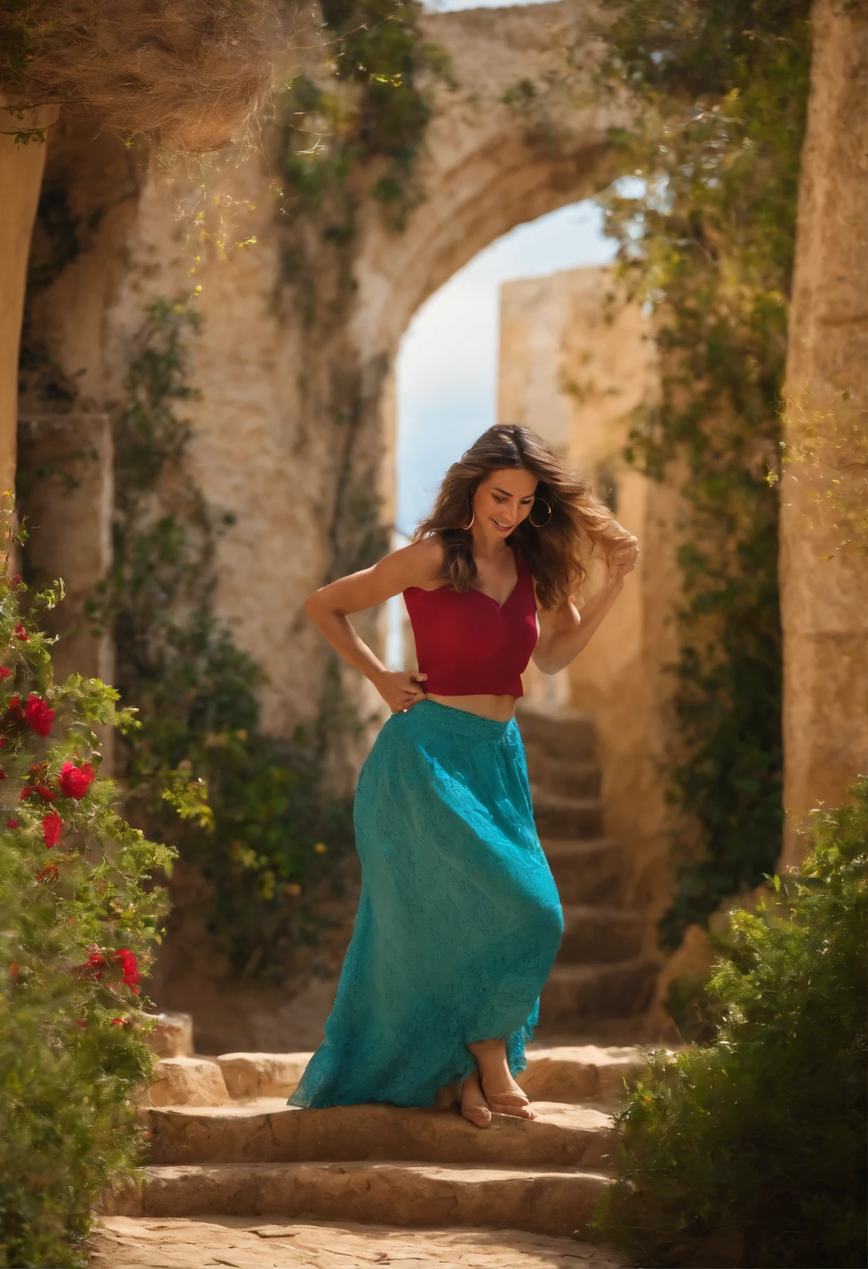 Arafed woman in a blue skirt walking up a set of stairs - SeaArt AI