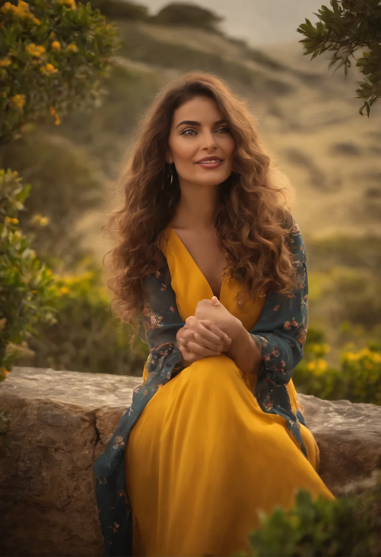 Arafed woman in a yellow dress sitting on a rock - SeaArt AI