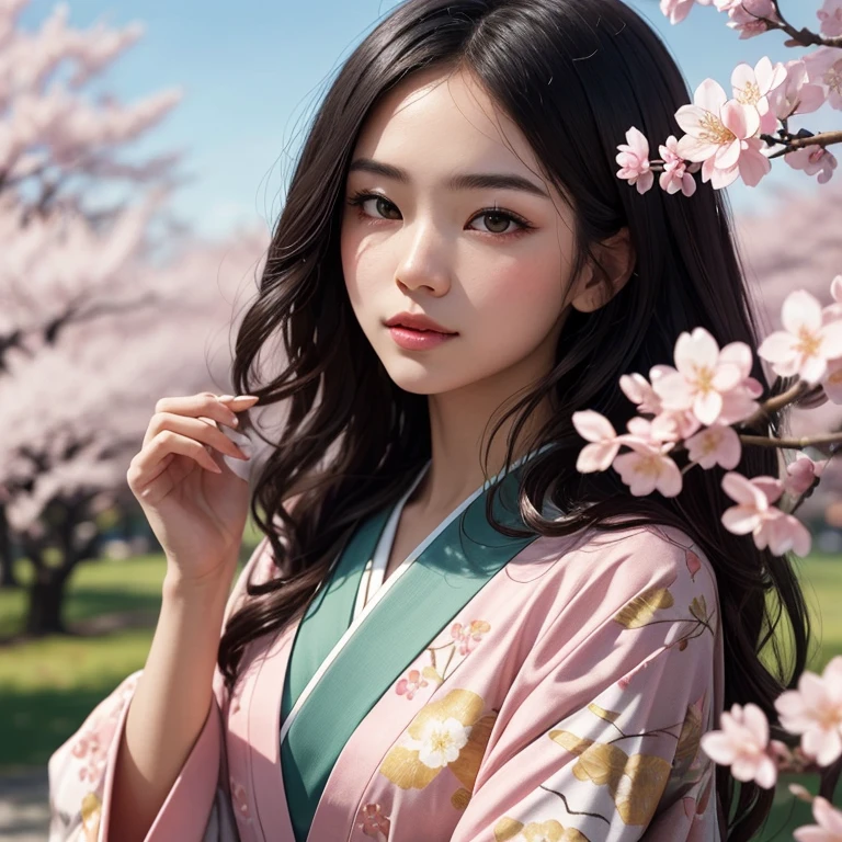 A girl surrounded by blooming cherry blossoms, wearing a flowing kimono,admiring the delicate pink petals falling from the trees. She has almond-shaped eyes with long lashes, a small nose, and rosy lips. The cherry blossoms cover the ground like a soft pink carpet, creating a serene and peaceful atmosphere. The scene is bathed in warm, golden sunlight, casting gentle shadows on the girl's face and illuminating the delicate details of the flowers. The artwork is created in traditional Japanese painting style, capturing the grace and elegance of the cherry blossoms. The colors are vivid and vibrant, with shades of pink, white, and green dominating the composition. The artwork is of the highest quality, with ultra-detailed brushstrokes and sharp focus on every element. The overall effect is like a masterpiece, showcasing the beauty and fragility of cherry blossoms in full bloom.