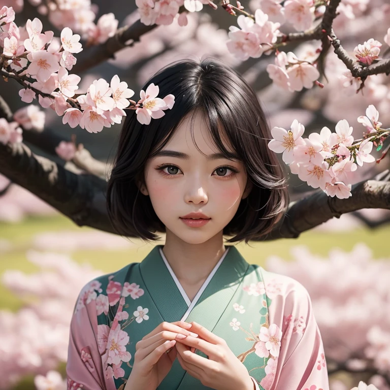 A girl surrounded by blooming cherry blossoms, wearing a flowing kimono,admiring the delicate pink petals falling from the trees. She has almond-shaped eyes with long lashes, a small nose, and rosy lips. The cherry blossoms cover the ground like a soft pink carpet, creating a serene and peaceful atmosphere. The scene is bathed in warm, golden sunlight, casting gentle shadows on the girl's face and illuminating the delicate details of the flowers. The artwork is created in traditional Japanese painting style, capturing the grace and elegance of the cherry blossoms. The colors are vivid and vibrant, with shades of pink, white, and green dominating the composition. The artwork is of the highest quality, with ultra-detailed brushstrokes and sharp focus on every element. The overall effect is like a masterpiece, showcasing the beauty and fragility of cherry blossoms in full bloom.