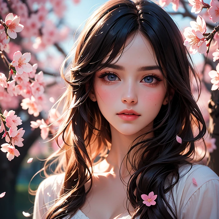 A girl surrounded by blooming cherry blossoms, wearing a flowing kimono,admiring the delicate pink petals falling from the trees. She has almond-shaped eyes with long lashes, a small nose, and rosy lips. The cherry blossoms cover the ground like a soft pink carpet, creating a serene and peaceful atmosphere. The scene is bathed in warm, golden sunlight, casting gentle shadows on the girl's face and illuminating the delicate details of the flowers. The artwork is created in traditional Japanese painting style, capturing the grace and elegance of the cherry blossoms. The colors are vivid and vibrant, with shades of pink, white, and green dominating the composition. The artwork is of the highest quality, with ultra-detailed brushstrokes and sharp focus on every element. The overall effect is like a masterpiece, showcasing the beauty and fragility of cherry blossoms in full bloom.