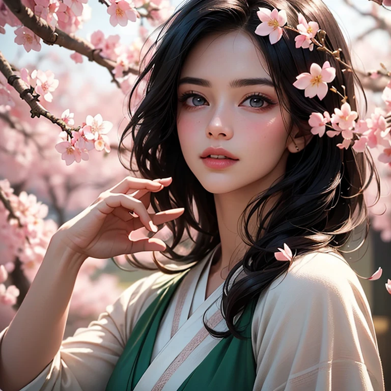 A girl surrounded by blooming cherry blossoms, wearing a flowing kimono,admiring the delicate pink petals falling from the trees. She has almond-shaped eyes with long lashes, a small nose, and rosy lips. The cherry blossoms cover the ground like a soft pink carpet, creating a serene and peaceful atmosphere. The scene is bathed in warm, golden sunlight, casting gentle shadows on the girl's face and illuminating the delicate details of the flowers. The artwork is created in traditional Japanese painting style, capturing the grace and elegance of the cherry blossoms. The colors are vivid and vibrant, with shades of pink, white, and green dominating the composition. The artwork is of the highest quality, with ultra-detailed brushstrokes and sharp focus on every element. The overall effect is like a masterpiece, showcasing the beauty and fragility of cherry blossoms in full bloom.