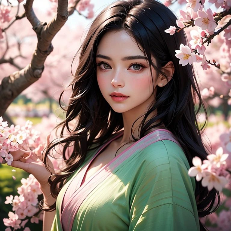 A girl surrounded by blooming cherry blossoms, wearing a flowing kimono,admiring the delicate pink petals falling from the trees. She has almond-shaped eyes with long lashes, a small nose, and rosy lips. The cherry blossoms cover the ground like a soft pink carpet, creating a serene and peaceful atmosphere. The scene is bathed in warm, golden sunlight, casting gentle shadows on the girl's face and illuminating the delicate details of the flowers. The artwork is created in traditional Japanese painting style, capturing the grace and elegance of the cherry blossoms. The colors are vivid and vibrant, with shades of pink, white, and green dominating the composition. The artwork is of the highest quality, with ultra-detailed brushstrokes and sharp focus on every element. The overall effect is like a masterpiece, showcasing the beauty and fragility of cherry blossoms in full bloom.