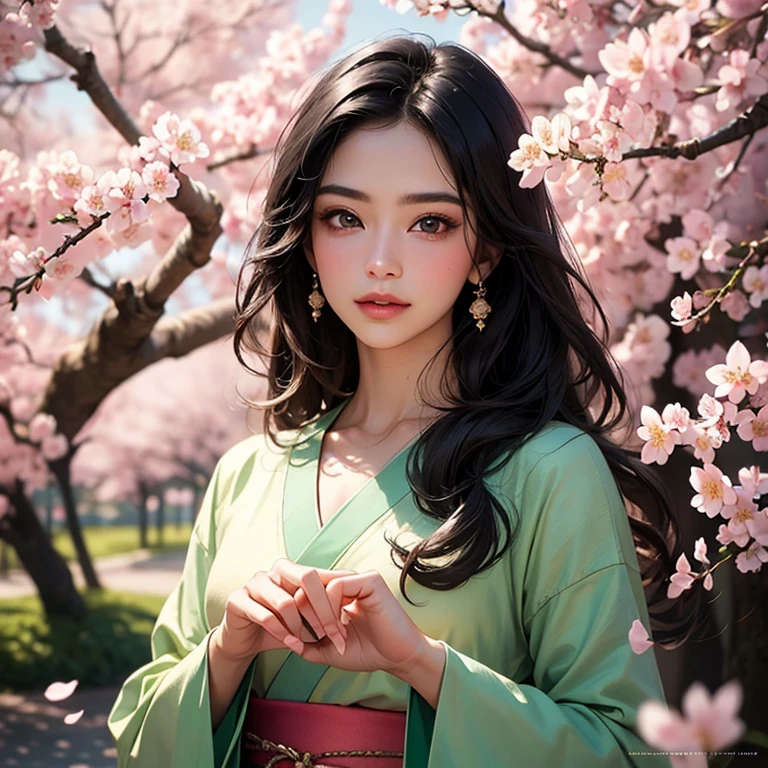 A girl surrounded by blooming cherry blossoms, wearing a flowing kimono,admiring the delicate pink petals falling from the trees. She has almond-shaped eyes with long lashes, a small nose, and rosy lips. The cherry blossoms cover the ground like a soft pink carpet, creating a serene and peaceful atmosphere. The scene is bathed in warm, golden sunlight, casting gentle shadows on the girl's face and illuminating the delicate details of the flowers. The artwork is created in traditional Japanese painting style, capturing the grace and elegance of the cherry blossoms. The colors are vivid and vibrant, with shades of pink, white, and green dominating the composition. The artwork is of the highest quality, with ultra-detailed brushstrokes and sharp focus on every element. The overall effect is like a masterpiece, showcasing the beauty and fragility of cherry blossoms in full bloom.