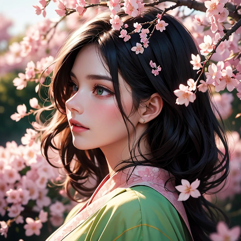 A girl surrounded by blooming cherry blossoms, wearing a flowing kimono,admiring the delicate pink petals falling from the trees. She has almond-shaped eyes with long lashes, a small nose, and rosy lips. The cherry blossoms cover the ground like a soft pink carpet, creating a serene and peaceful atmosphere. The scene is bathed in warm, golden sunlight, casting gentle shadows on the girl's face and illuminating the delicate details of the flowers. The artwork is created in traditional Japanese painting style, capturing the grace and elegance of the cherry blossoms. The colors are vivid and vibrant, with shades of pink, white, and green dominating the composition. The artwork is of the highest quality, with ultra-detailed brushstrokes and sharp focus on every element. The overall effect is like a masterpiece, showcasing the beauty and fragility of cherry blossoms in full bloom.