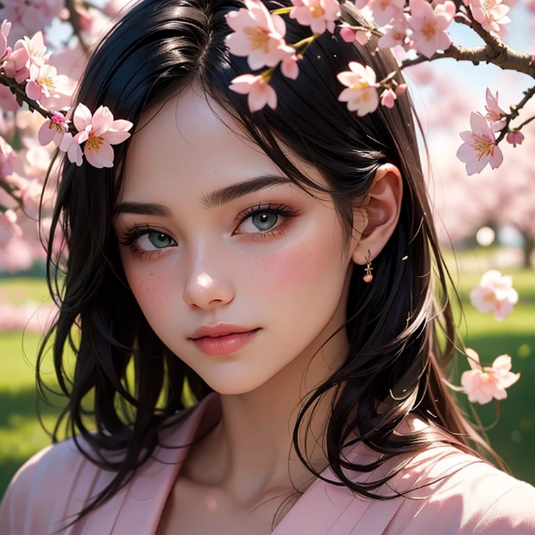 A girl surrounded by blooming cherry blossoms, wearing a flowing kimono,admiring the delicate pink petals falling from the trees. She has almond-shaped eyes with long lashes, a small nose, and rosy lips. The cherry blossoms cover the ground like a soft pink carpet, creating a serene and peaceful atmosphere. The scene is bathed in warm, golden sunlight, casting gentle shadows on the girl's face and illuminating the delicate details of the flowers. The artwork is created in traditional Japanese painting style, capturing the grace and elegance of the cherry blossoms. The colors are vivid and vibrant, with shades of pink, white, and green dominating the composition. The artwork is of the highest quality, with ultra-detailed brushstrokes and sharp focus on every element. The overall effect is like a masterpiece, showcasing the beauty and fragility of cherry blossoms in full bloom.
