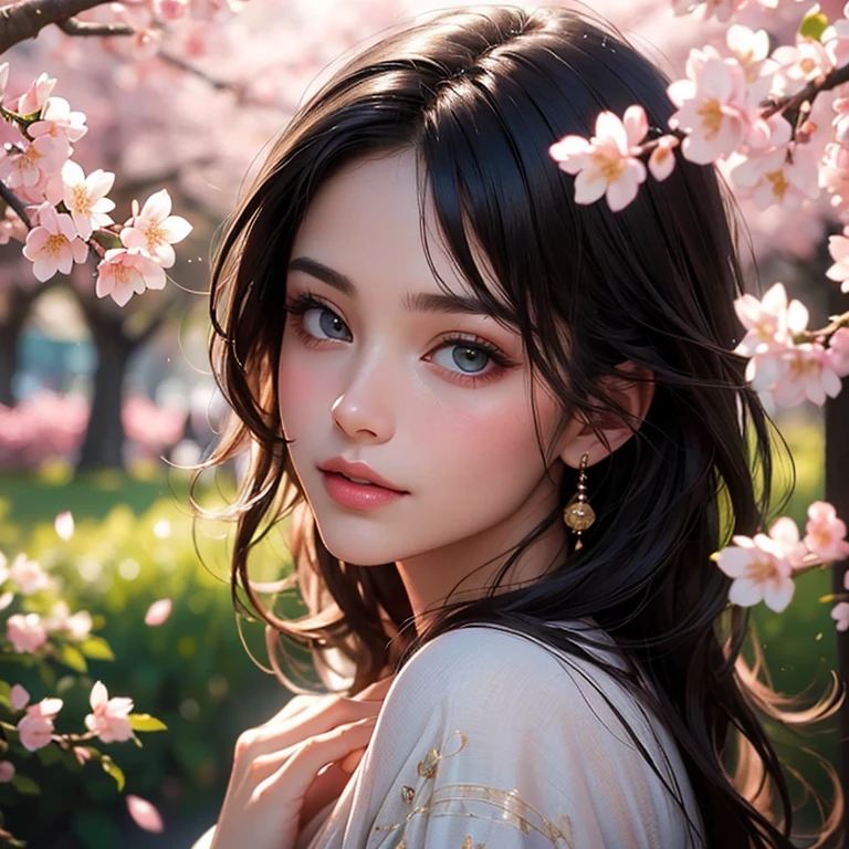 A girl surrounded by blooming cherry blossoms, wearing a flowing kimono,admiring the delicate pink petals falling from the trees. She has almond-shaped eyes with long lashes, a small nose, and rosy lips. The cherry blossoms cover the ground like a soft pink carpet, creating a serene and peaceful atmosphere. The scene is bathed in warm, golden sunlight, casting gentle shadows on the girl's face and illuminating the delicate details of the flowers. The artwork is created in traditional Japanese painting style, capturing the grace and elegance of the cherry blossoms. The colors are vivid and vibrant, with shades of pink, white, and green dominating the composition. The artwork is of the highest quality, with ultra-detailed brushstrokes and sharp focus on every element. The overall effect is like a masterpiece, showcasing the beauty and fragility of cherry blossoms in full bloom.